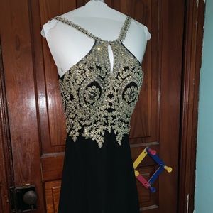 Black and gold prom gown
